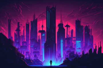 Cyberpunk city at night with deep blue neon lights. futuristic urban setting. futuristic city with dazzling neon lights. futuristic skyscraper silhouettes against a sky of purple sunset. illustration