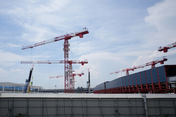 Red tower crane in contruction area