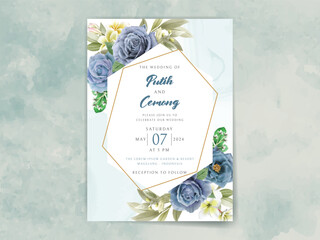 wedding invitation with elegant royal blue roses