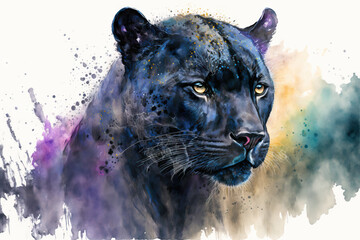 an enormous black Panther. Painting in watercolor. Generative AI