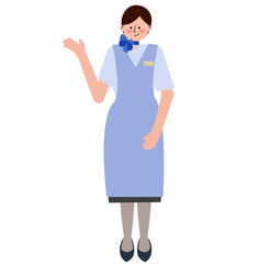 女性の客室乗務員が手を挙げて案内をしているイラスト(機内サービスのエプロン姿・ブルーの制服)