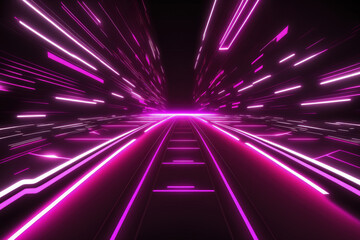 Background of neon magenta with abstract shimmer of bright black. Cyberpunk style futuristic neon light tracks. Generative AI