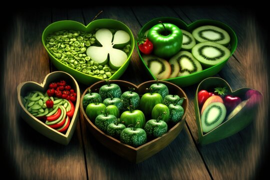 Heart Shaped Bowls of Organic Fruits and Vegetables Served as a Raw Food Homemade Meal in Vegan and Vegetarian Diet. Image has backdrop, suitable for print on demand like posters and t-shirts. Ai Art