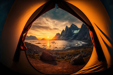 In the Lofoten Islands, wild camping. a tent for camping amidst mountains. camping area behind the polar circle at sunset. View of a stunning scenery during the midnight sun. Generative AI - obrazy, fototapety, plakaty