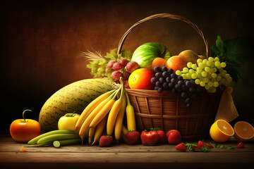 Fresh fruits and veggies background. Generative AI