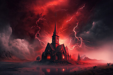 Dramatic religious backdrop including the infernal realm, dazzling lightning in the end of the dark world's red sky, and eternal damnation. Generative AI