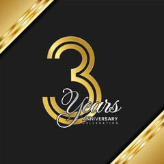 3rd anniversary logo design with double line. Gold color numbers with silver text. Logo Vector Illustration