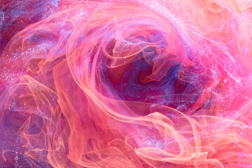 Obraz premium Gentle Pink abstract ocean background. Splashes, drops and waves of paint under water, clouds of smoke in motion