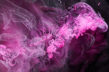 Dark Pink and black abstract ocean background. Splashes, drops and waves of paint under water,...