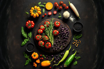 image of an organic food. vegetables that are still raw and black beans. upon a dark chalkboard. Generative AI
