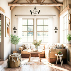 a cozy farmhouse living room with warm and soft beige boho decor and large windows AI assisted finalized in Photoshop by me