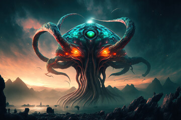 Unsettling extraterrestrial with tentacles and a predatory appearance. extraterrestrial aliens are a new species. Conceptual artwork that is photorealistic and uses cinematic lighting as a backdrop or