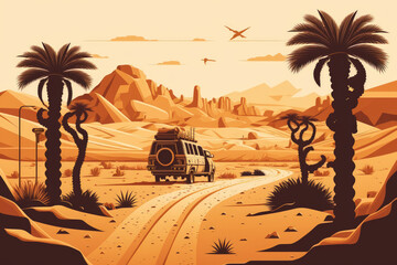 Illustration of a desert landscape with palm trees and a unique off road travel and tourist design. an uncommon example. Generative AI