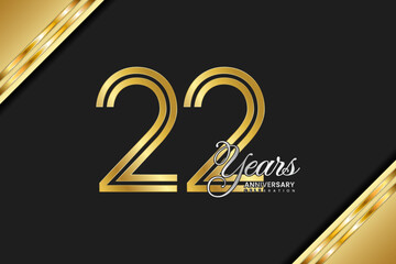 22th anniversary logo design with double line. Gold color numbers with silver text. Logo Vector Illustration