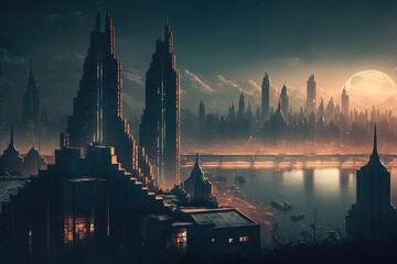 Fototapeta premium Cityscapes and Skyscrapers: A Dynamic Urban Landscape of Silhouetted Buildings, Sunsets, and the Buzz of City Life generative ai