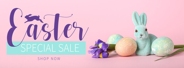 Banner for Easter sale with colorful eggs, flowers and toy bunny