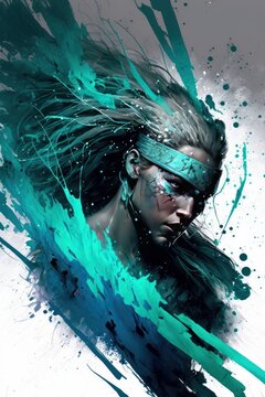 Abstract Female Warrior Princess Painting. This Fantasy Science Fiction Anime Artwork with blue, turquoise colors, high resolution for poster and wallpaper. Generative Ai Illustration
