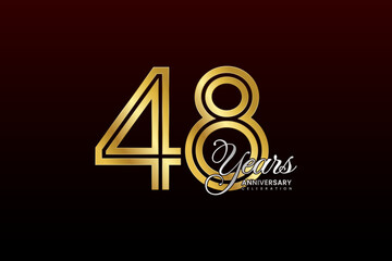 48th anniversary logo design with double line. Gold color numbers with silver text. Logo Vector Illustration