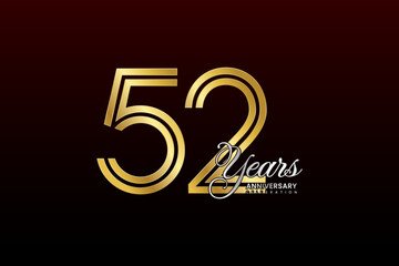 52th anniversary logo design with double line. Gold color numbers with silver text. Logo Vector Illustration