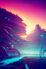 Blue Space Port - Futuristic Graphic Art, Futuristic space station, Generative AI