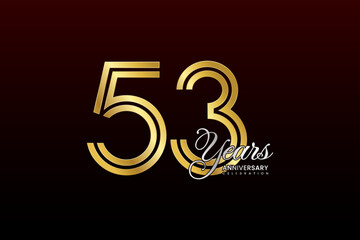 53th anniversary logo design with double line. Gold color numbers with silver text. Logo Vector Illustration