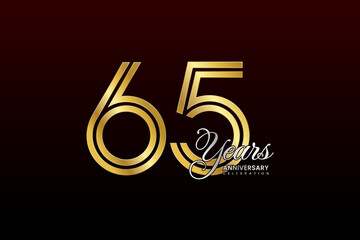 65th anniversary logo design with double line. Gold color numbers with silver text. Logo Vector Illustration