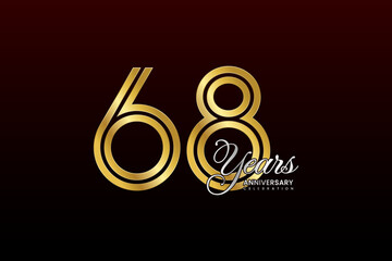 68th anniversary logo design with double line. Gold color numbers with silver text. Logo Vector Illustration