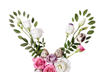 Bunny rabbit ears made of roses flowers, leaves and quail eggs on transparent background. Happy easter concept, floral boho style