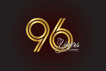 96th anniversary logo design with double line. Gold color numbers with silver text. Logo Vector Illustration