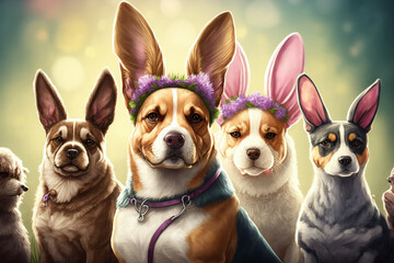 Several canines wearing headbands with bunny ears at the Easter celebration. Generative AI