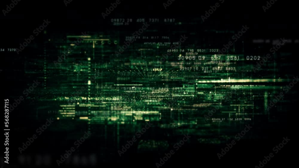 Fototapete Futuristic abstract de-focus data matrix, meta, metaverse, telemetry and encrypt numbers display with particles simulation in cyber space environment for head up display background