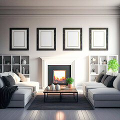 modern living room with four blank framed photo frames mockup, AI assisted finalized in Photoshop by me