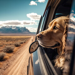 Golden Retriever dog on journey by car, looking from window. Furry companion travels along roads. Generative AI.