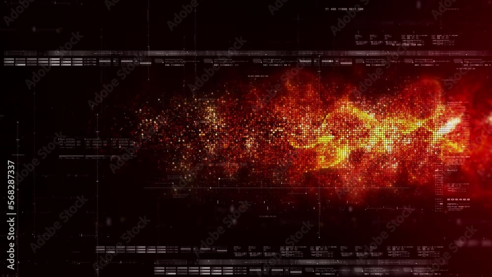 Aufkleber Futuristic abstract de-focus data matrix, meta, metaverse, telemetry and encrypt numbers display with particles simulation in cyber space environment for head up display background