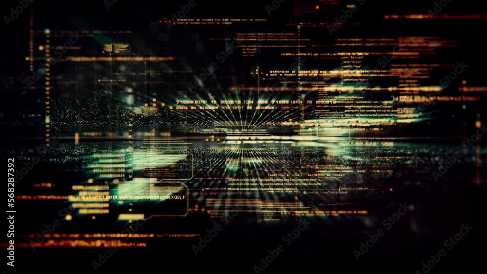 Poster Futuristic abstract de-focus data matrix, meta, metaverse, telemetry and encrypt numbers display with particles simulation in cyber space environment for head up display background