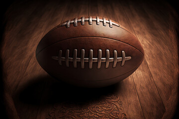 Over a textured hardwood floor background, a painted American football and field are visible. Generative AI