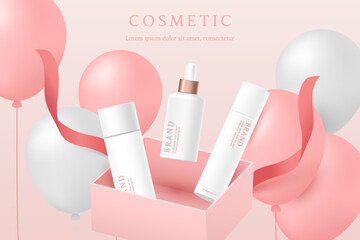 Cosmetics and skin care product ads template in pink gift gift box with ribbon and balloons.