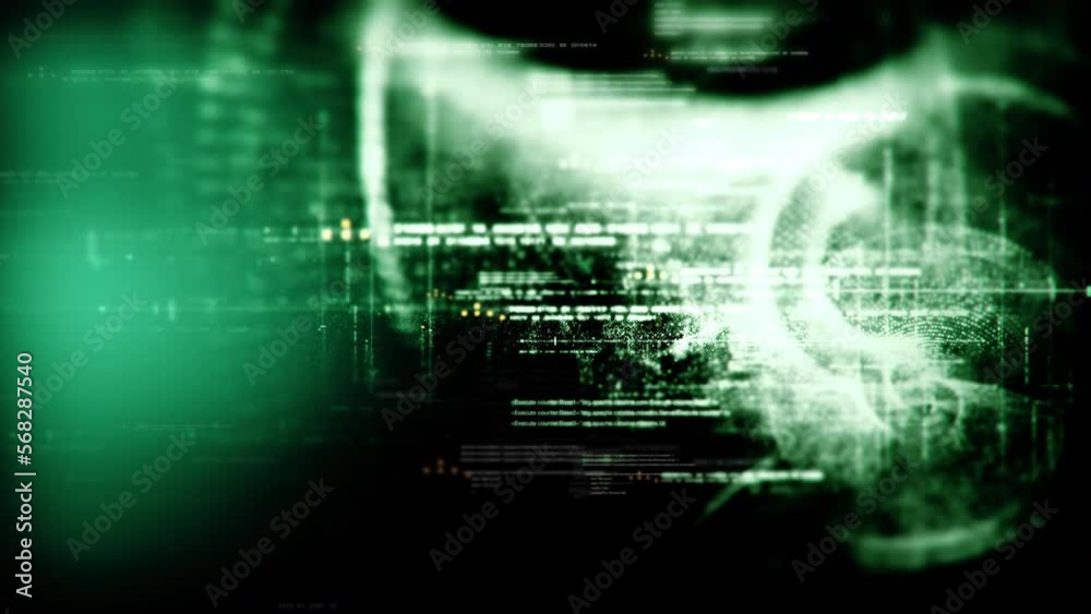 Poster Futuristic abstract de-focus data matrix, meta, metaverse, telemetry and encrypt numbers display with particles simulation in cyber space environment for head up display background