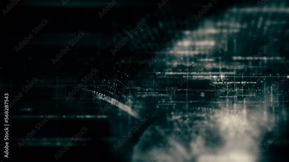 Fototapete Futuristic abstract de-focus data matrix, meta, metaverse, telemetry and encrypt numbers display with particles simulation in cyber space environment for head up display background