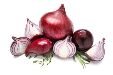 Heap of red onion on white background