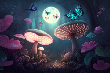 Fototapeta na wymiar Fantasy Magical Mushrooms and Butterfly in Enchanted Fairy Tale Dreamy Elf Forest with Fantastic Fairytale Blooming Pink Rose Flower on Mysterious Nature Background with Shiny Glow Moon Rays in Night