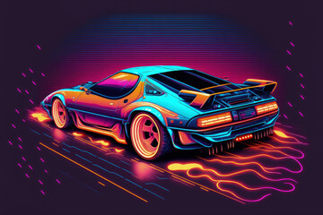 Obraz na płótnie Canvas Retro wave synthesizer futuristic wave vehicle. Retro sport automobile with outlines of neon lighting. Illustration using digital painting. Generative AI