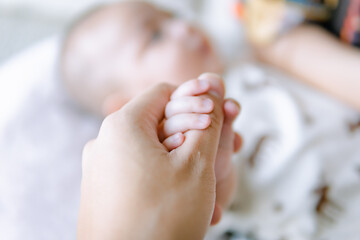 Newborn baby holding parent's hand, baby hand