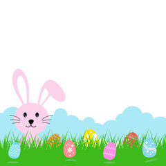 Happy Easter background with rabbit and eggs on transparent background.