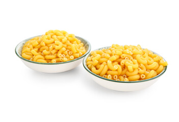 Bowls of raw elbow pasta on white background