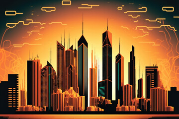 Fototapeta na wymiar Downtown skyscrapers in the UAE. The Emirate of Dubai's capital has a contemporary skyline. notion of cyber security. two fold exposure net lock icons. Generative AI