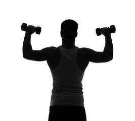 Fototapeta na wymiar Silhouette of sporty young man with dumbbells on white background, back view