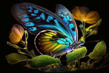 Neon butterfly with blue, green and red on peach flowers, ai.