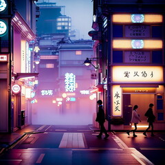 bioluminescent cinematic lighting of Harajuku with early morning fog, the world of the golden hour of twilight, the streets of Asia