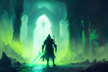 Fantasy picture of a wanderer with a sword moving toward a mystery temple entrance that is emitting luminous green mist. Generative AI